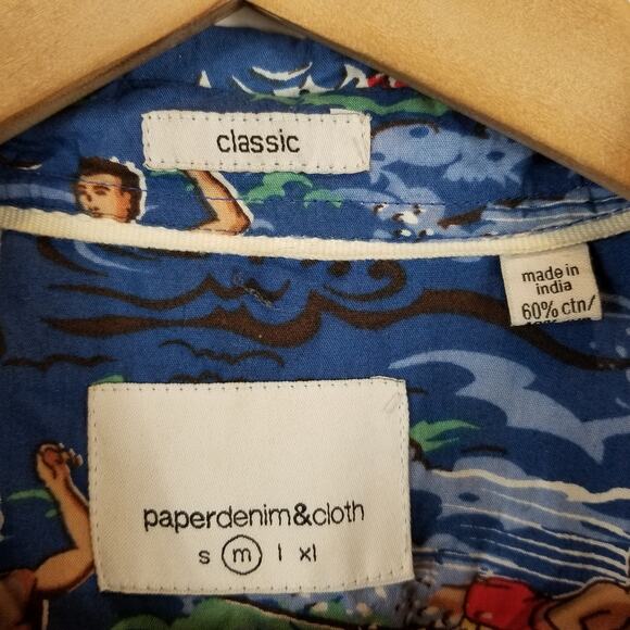 paperdenim&cloth NWT Men's Hawaiian Surfer Print Short Sleeve Button Up Medium - Picture 3 of 8